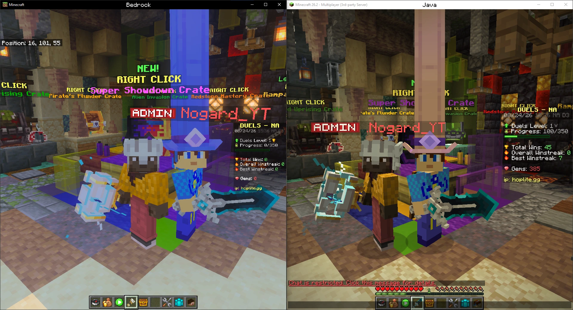 The same scene in Minecraft Bedrock Edition on the left and Java Edition on the right. Two characters wear custom hats and hold custom weapons, custom crate models stand behind them, the hotbar is full of custom 2D item icons, and the scoreboard uses custom characters from a glyph sheet. The two renders are identical despite running on engines that share no code.