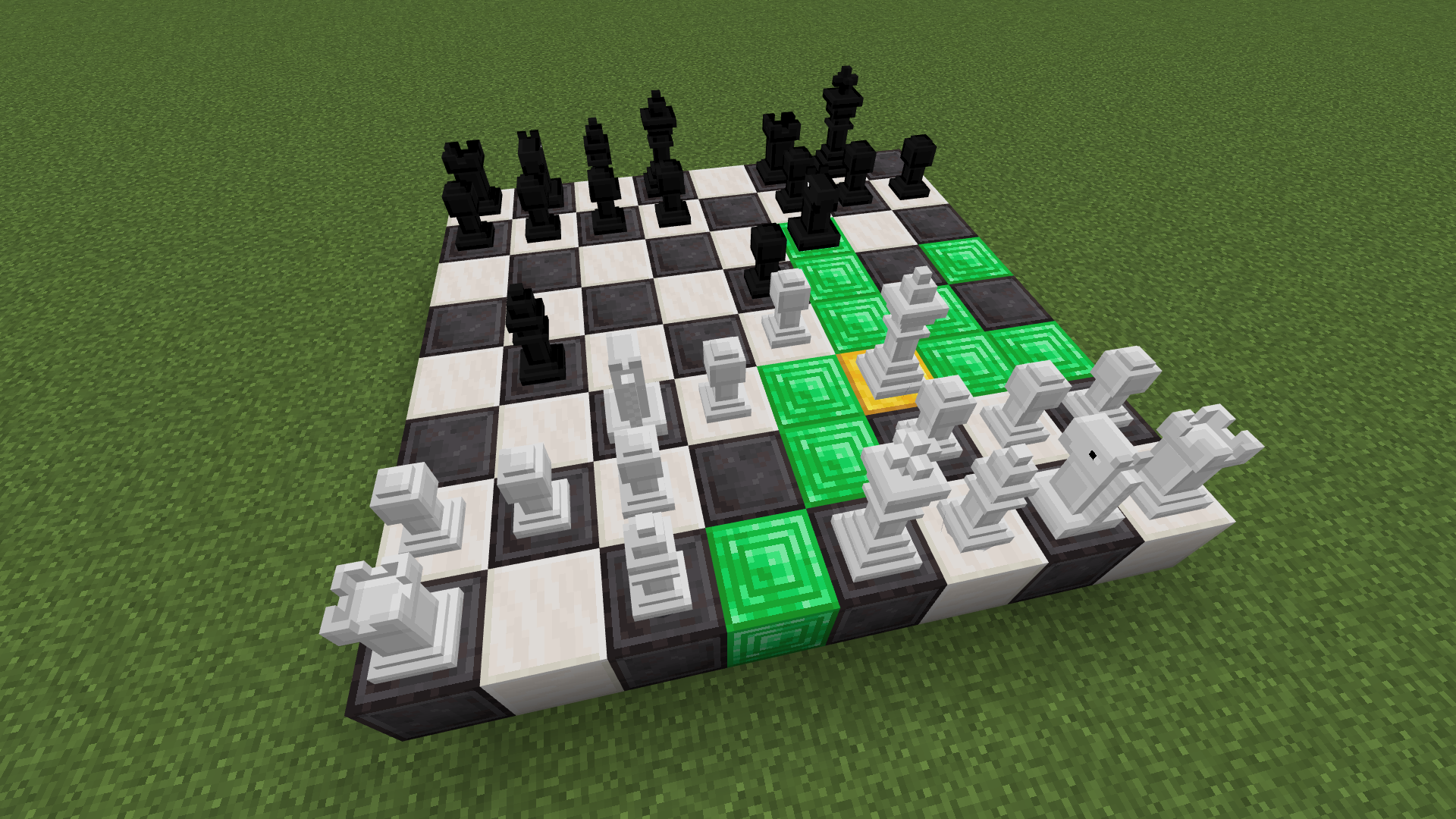 A chess game part-way through, played on a board built out of blocks in a Minecraft world. Custom three-dimensional piece models stand on the squares, the blocks under the legal destination squares glow green, and the block under the selected piece glows gold.