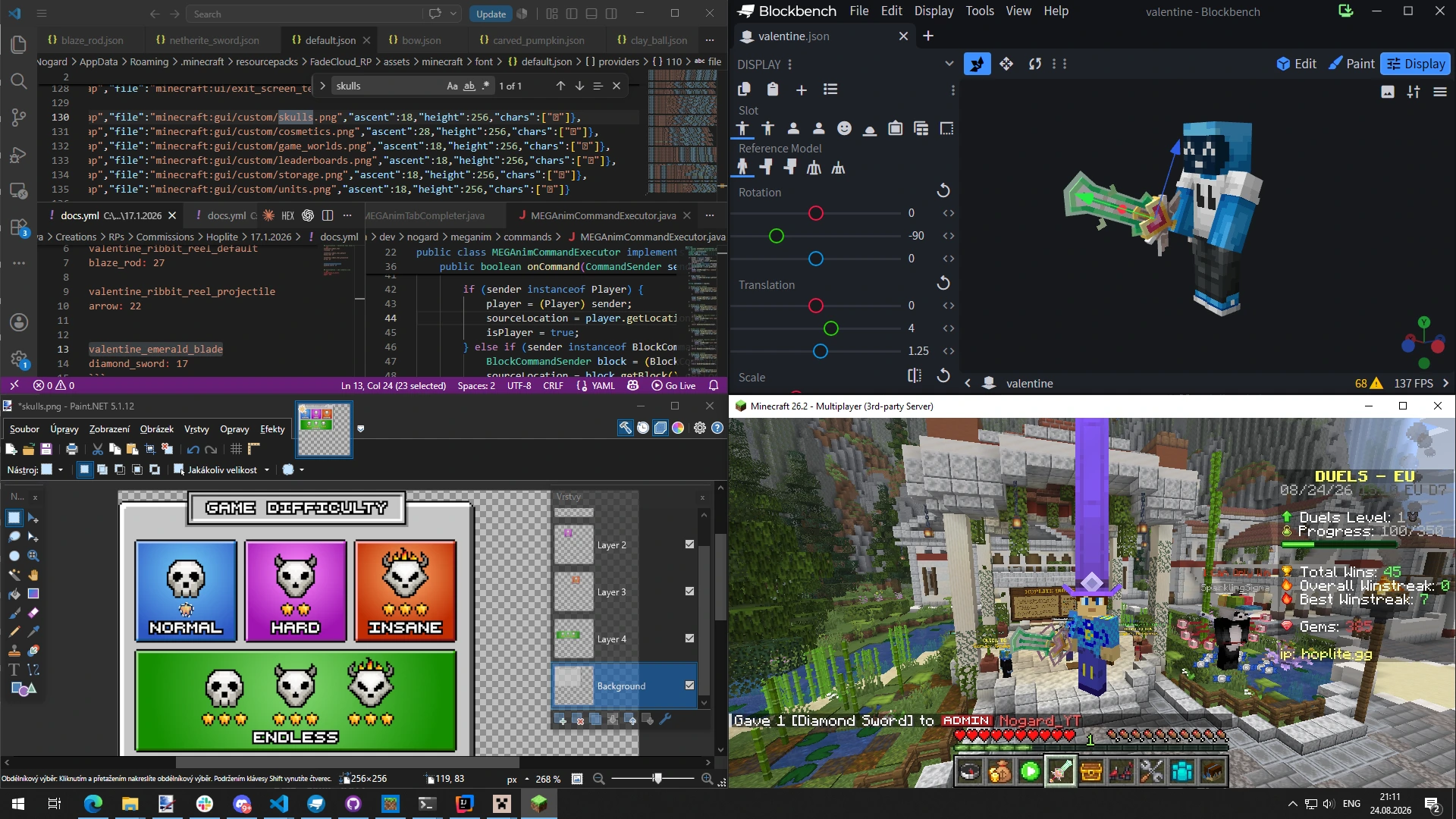 A desktop with five windows open at once: a Minecraft font definition file in a code editor showing unicode ascent and character mappings, the matching menu artwork being drawn in an image editor with its layer stack visible, a three-dimensional model open in Blockbench with its display rotation, translation and scale controls, plugin source code in Java, and the finished result running in the game.